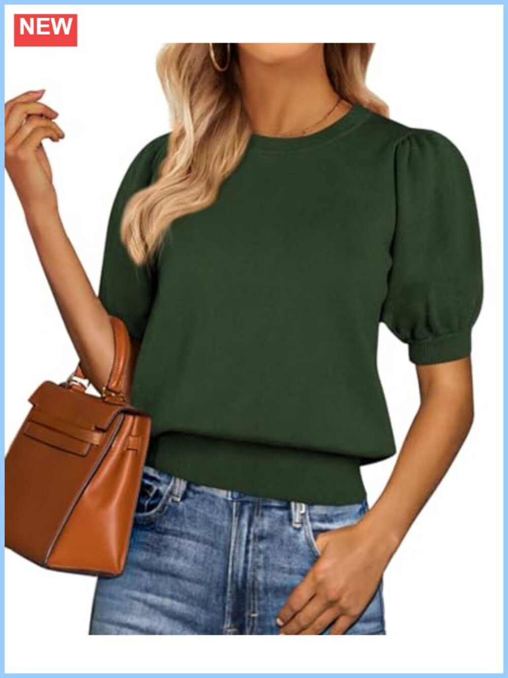 Puff Sleeve Knit Sweater Women Crewneck Loose Fit